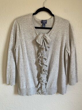 Chaps Light Gray Ruffle-Front Sweater